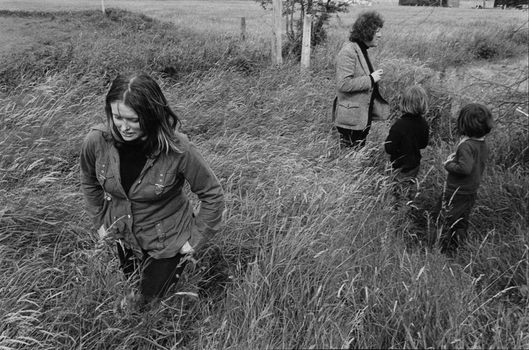 The Heaney family in a field with Marie Heaney walking toward the foreground and others near a fence in the background